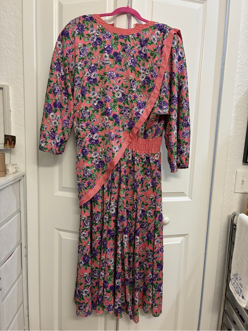 Floral Pink Midi Dress with Purple Bloom Print